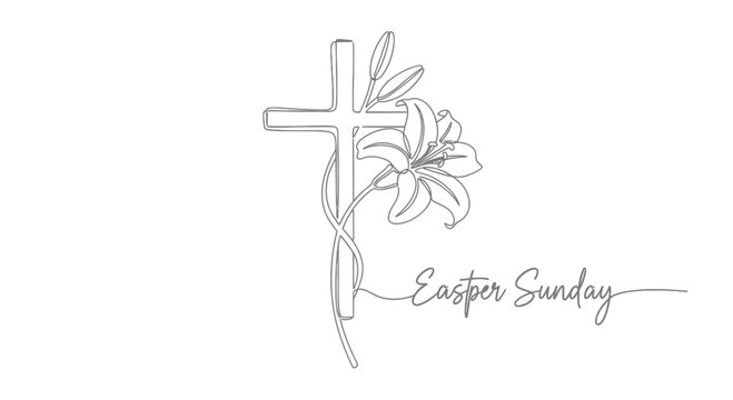 One line drawing of Christian cross with lily flower and Easter Sunday calligraphy text, religious holiday concept