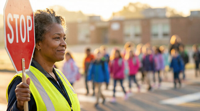African american school crossing guard with stop sign, children in background, school safety