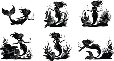 Mermaid silhouette collection, mythical creature vector set, underwater princess with bubbles and coral reef, magical marine goddess for aquatic fantasy design © Monira