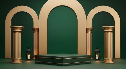 Luxurious green and gold architectural background with columns and arches.