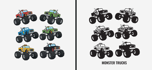 Monster Truck Vehicle Illustration Set, Big Wheel Off Road Vector Art, Extreme Sports Car Clipart Design, Racing Truck Cartoon Graphic, Heavy Duty Truck Pack, 4x4 Truck Character Collection, Monster J © pankaj