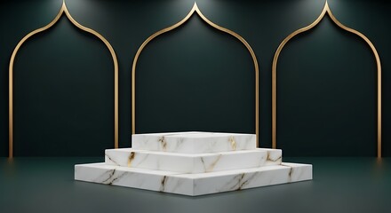 Luxurious marble podium with gold accents in an elegant dark green setting.