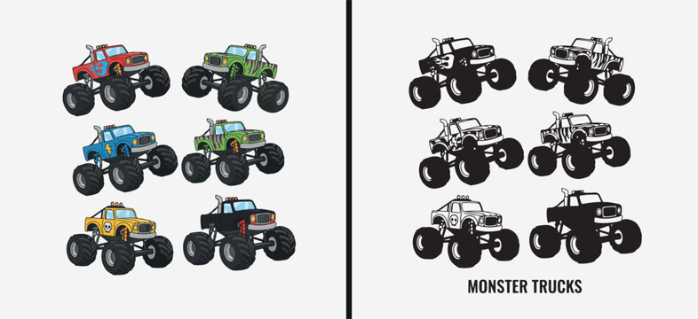 Monster Truck Vehicle Illustration Set, Big Wheel Off Road Vector Art, Extreme Sports Car Clipart Design, Racing Truck Cartoon Graphic, Heavy Duty Truck Pack, 4x4 Truck Character Collection, Monster J