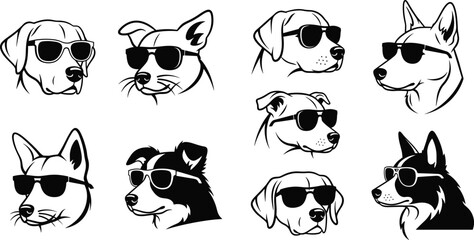 Set of minimalist dog head silhouette icons wearing sunglasses featuring various breeds like labrador husky and border collie for cool pet branding © Monira