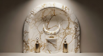 Luxurious gold and white product display with marble arch and golden vessels.