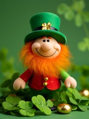 Naklejka premium Cheerful leprechaun with shamrocks