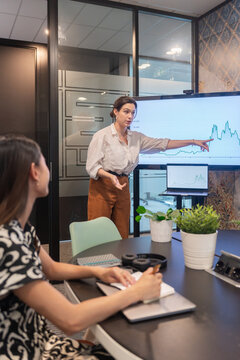 Business Meeting Focused on Data Presentation in a Modern Office