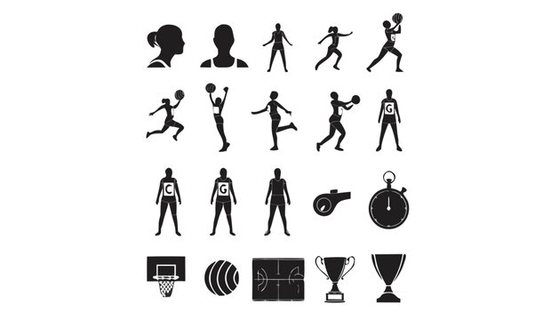 Netball game elements silhouettes including players ball court and trophies netball, sport, silhouette, player, woman, girl, ball, court, hoop, net, whistle, stopwatch, trophy, award, competition, gam