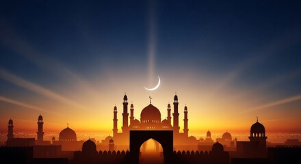 Silhouette of mosque architecture against vibrant sunset sky with crescent moon.