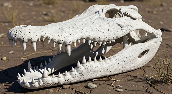 Crocodile Skull Bones on Dry Ground.
