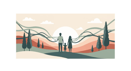 Naklejka premium Family silhouette at sunset in a stylized landscape with rolling hills and trees, symbolizing unity and hope.