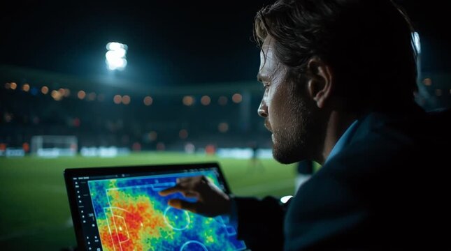 Football coach analyzing player performance data on tablet during night game
