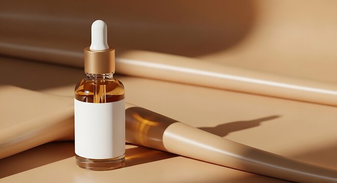 Close-up of a cosmetic dropper bottle with serum and a makeup brush on a beige background.