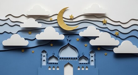 Paper cutout mosque with crescent moon and stars in the night sky.