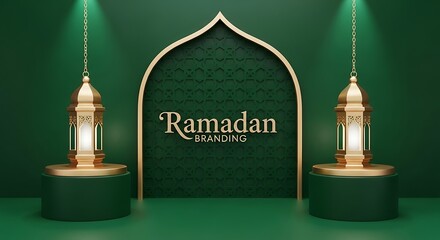 Ramadan themed background with lanterns and arch.