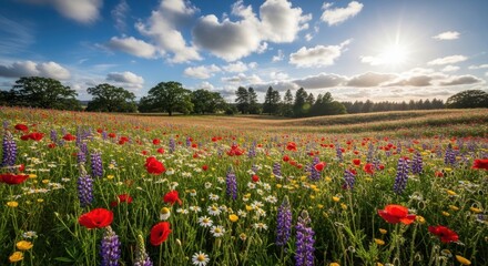 Fototapeta premium Vibrant wildflower meadow with poppies and lupines under a sunny blue sky with fluffy clouds, picturesque summer landscape