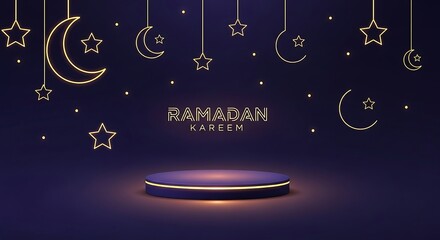 Ramadan Kareem celebration background with crescent moon and stars.