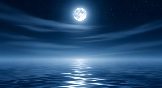 A serene nighttime seascape with a full moon shining brightly in the dark sky