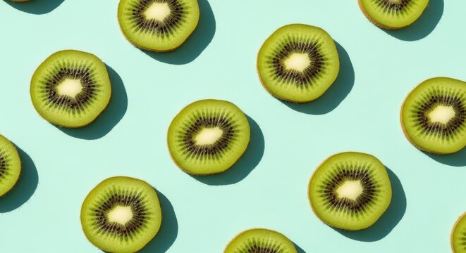 A vibrant pattern of kiwi slices on a light blue background with shadows