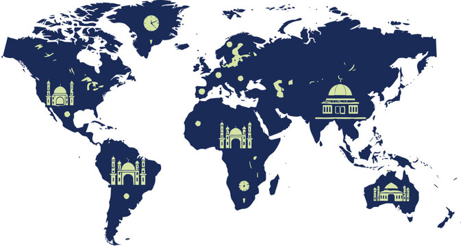 Dark blue map with green mosque and clock symbols in various locations