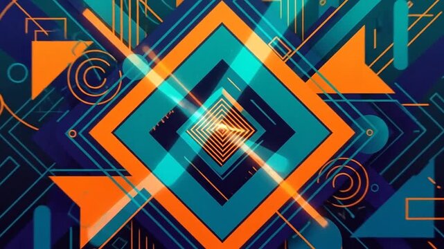 Dynamic abstract geometric background with orange and teal overlapping squares and lines creating a futuristic design.