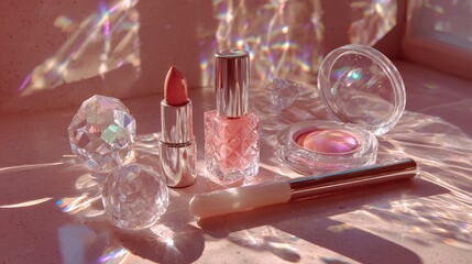 Cosmetics with diamond packaging on pink background, sunlight reflecting on crystal makeup tools including lipstick, eyeshadow, brushes, eyeliner, mirror, in soft tones, minimalist symmetrical layout.
