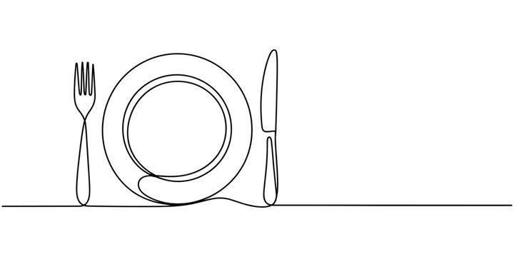 Minimalist continuous one line drawing of a plate fork knife and spoon isolated on white background vector illustration. One continuous line art drawing of fork, spoon and plate design