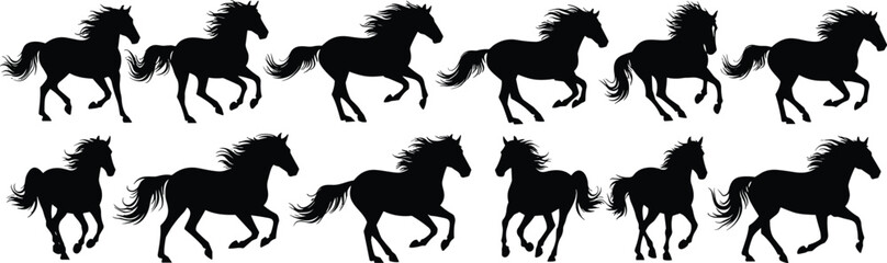 Galloping horse silhouette vector illustration set, animal motion drawings, black and white line art, equine wildlife design artwork