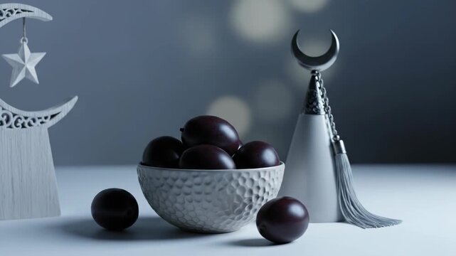 Ramadan Kareem - Dates and Islamic Crescent Moon Decoration for Holy Month Celebration.