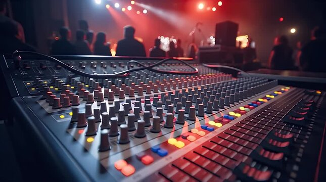 Professional audio mixing console with numerous faders and knobs illuminated by vibrant stage lights during a lively concert performance creating an immersive musical atmosphere for the audience.