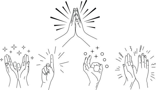 Set of line art hand gesture icons for applause celebration prayer and success communication concept illustration
