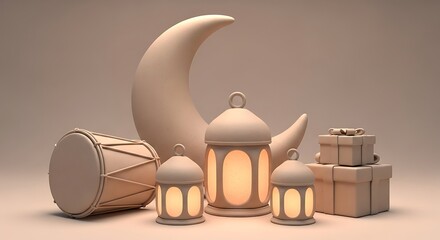 Ramadan Kareem celebration with lanterns and gifts.