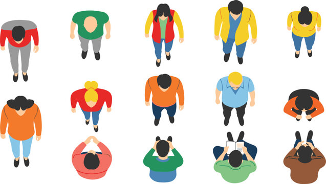 Top view set of diverse people characters standing sitting and walking for architectural floor plan visualization isolated on a white background
