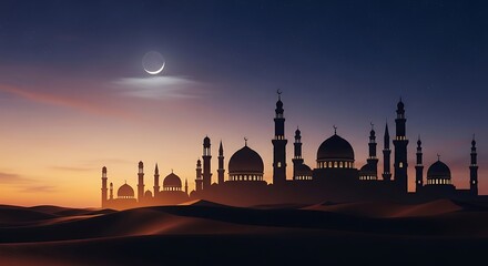Silhouette of a grand mosque against a serene desert sunset with a crescent moon.