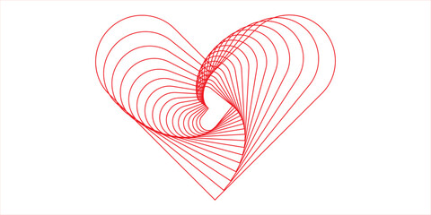 A striking geometric abstract design features a vibrant red heart shape created with concentric, flowing lines on a clean white background, symbolizing love and connection. © inayah