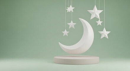 White crescent moon and stars on strings against green background.