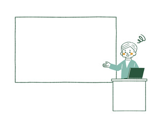 困った表情でスクリーンやホワイトボードを使って説明をする男性