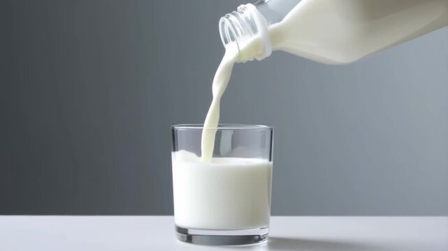 Fresh milk pouring into transparent glass from bottle, smooth white stream, soft studio light. Concept for modern dairy branding