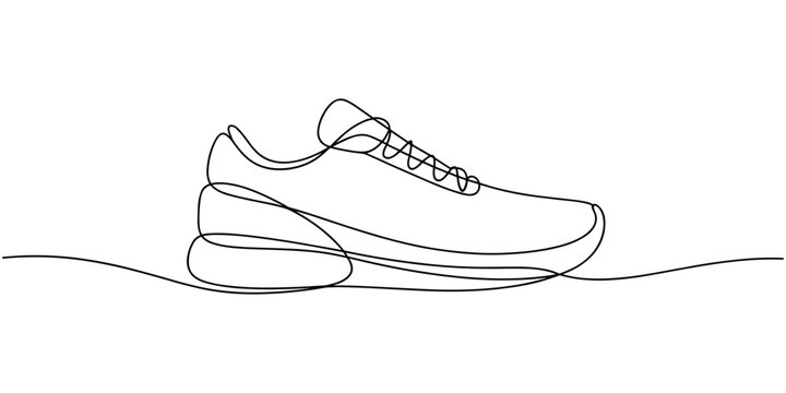 Minimalist athletic footwear single line art design, Sleek, single-line drawing of modern sports shoe; continuous line art style, elegant, drawing, continuous one line art with drawing the shoes