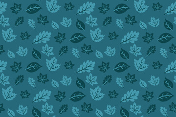 Seamless Blue Autumn Leaf Pattern on Teal Background