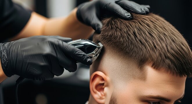 Barber using electric clipper to give a fade haircut to a client in a modern salon, close-up on hands and hairstyle.