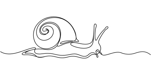 Minimalist one line art drawing of a garden snail with a spiral shell, crawling slowly on a continuous wavy path, isolated vector artwork design Vector, illustration © Creative Tania