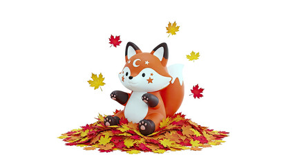 Cute fox figurine sitting on autumn leaves with celestial markings