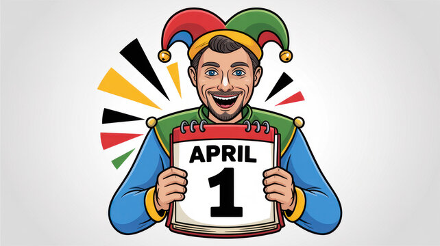 A cartoon jester holding a calendar with April 1st and smiling broadly with colorful accents behind him.