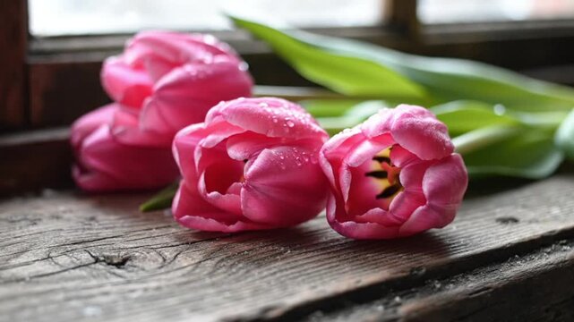 A beautiful spring bouquet of pink tulips and blooming floral petals rests on a rustic wooden background as a romantic nature gift for spring  Day