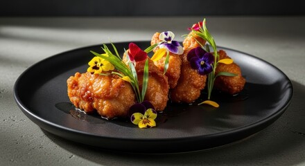 Gourmet Fried Chicken Wings with Edible Flowers and Fresh Herbs, Exquisitely Presented on a Dark Plate