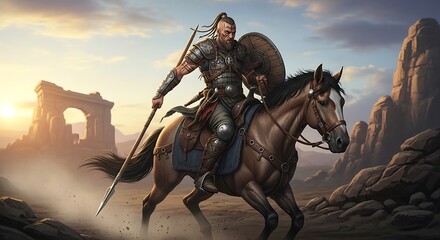 Naklejka premium Medieval Knight on Horseback with Sword.