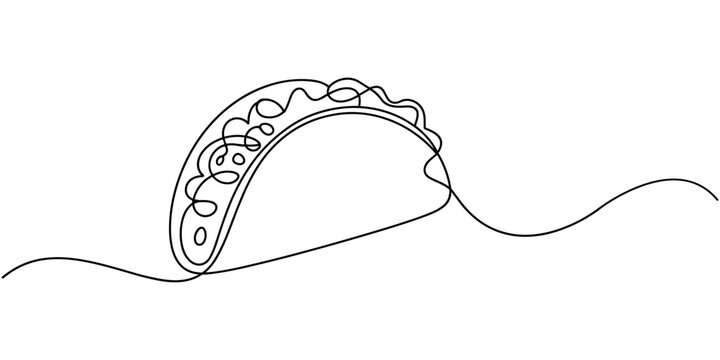 continuous single drawn one line taco hand-drawn picture silhouette. One continuous line drawing of Tacos food vector illustration. Traditional food in simple linear style vector design concept.