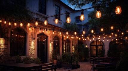 Fototapeta premium Ten glowing LED solar hot air balloon lights hanging horizontally in modern garden courtyard at evening, creating warm ambient illumination and charming outdoor decorative atmosphere.