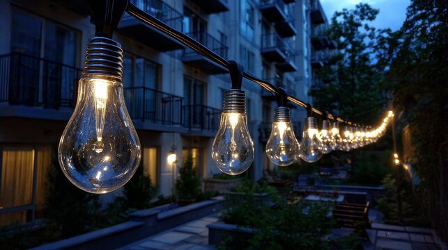 Ten glowing LED solar hot air balloon lights hanging horizontally in modern garden courtyard at evening, creating warm ambient illumination and charming outdoor decorative atmosphere.